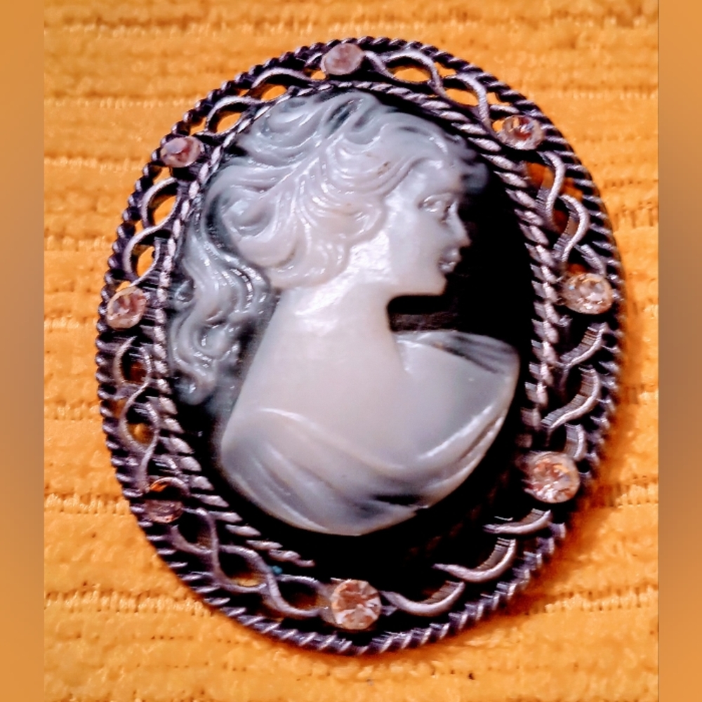 Vintage Black Cameo carved with rhinestone design 2 inch length Brooch.